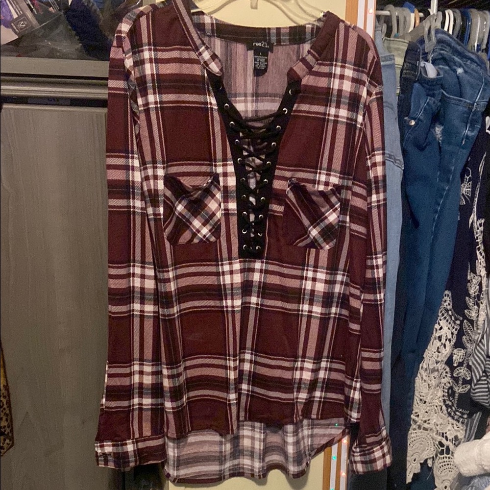 Rue21 Purple and White Lace-Up Blouse